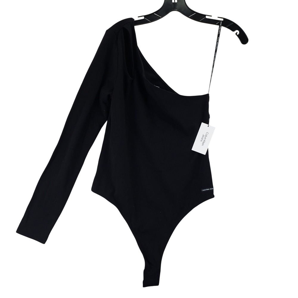 Calvin Klein Jeans One Shoulder Bodysuit Womens L Black Asymmetrical Minimalist